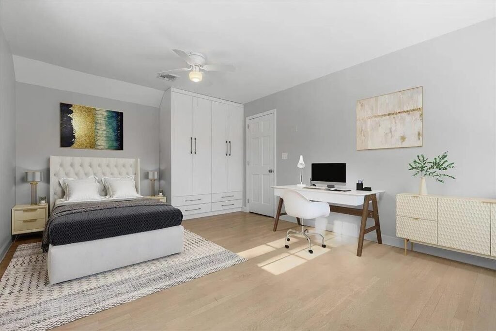 Renovated bedroom with new windows and flooring