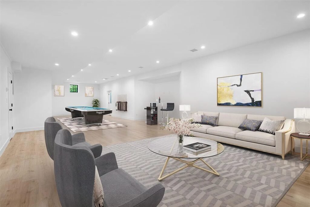 Bright open-plan living room in a completed Westchester family home