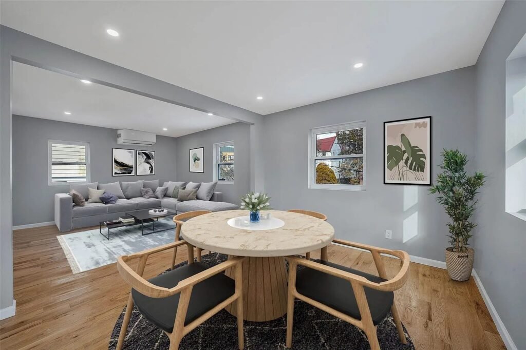 Living room with refinished wood flooring