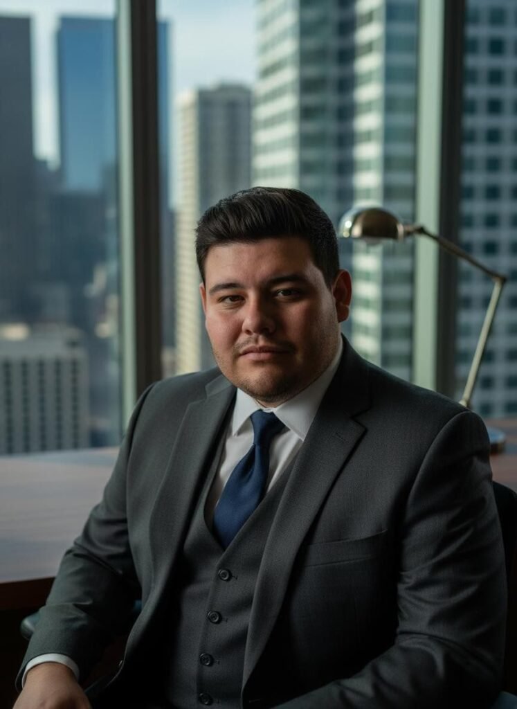 Jhon Monroy at his office desk with a city skyline behind