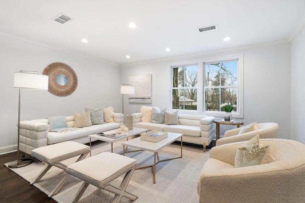 Living room with fireplace and refinished floors